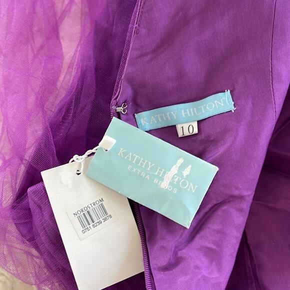 KATHY HILTON Raspberry Fit & Flare Mesh Dress Beads Embellished Shoulder Size 10 - Picture 14 of 14